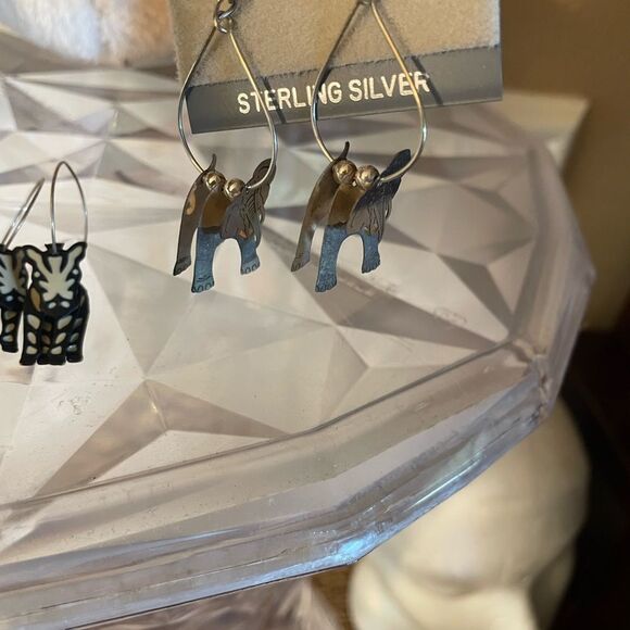 Sterling Silver 3D Elephant and Zebra Hoop Earrings - Picture 8 of 15